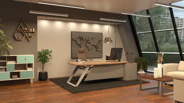 Modern executive desk with sleek wooden finish and ergonomic design, showcased in Lunar Furniture's showroom hero image.